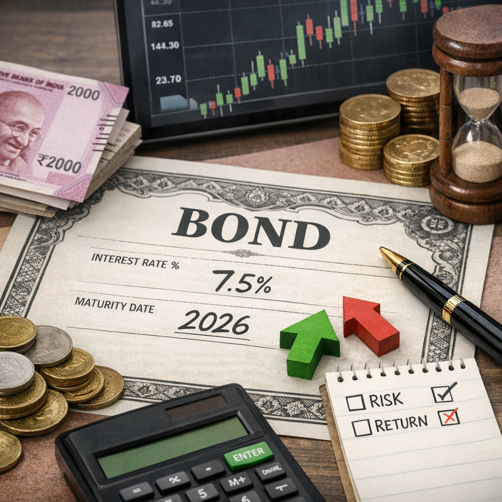 Bond certificate showing 7.5% interest rate and 2026 maturity date, surrounded by Indian rupee notes, gold coins, a calculator, and stock market chart — illustrating bond investment planning in India.