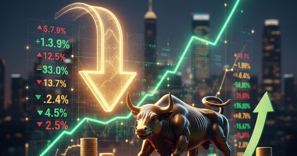 Bull statue surrounded by rising and falling stock market percentages and glowing green trend lines against a city skyline — illustrating the impact of interest rate changes on stock market volatility.