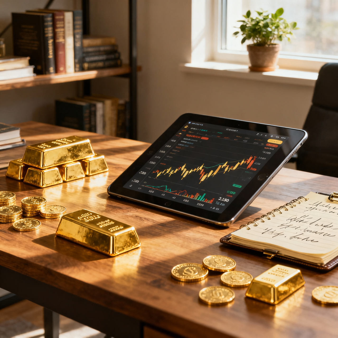 Gold bars and coins arranged on a wooden desk beside a tablet displaying live gold price charts, with a handwritten notebook — representing gold as a tracked and actively managed investment option in India.