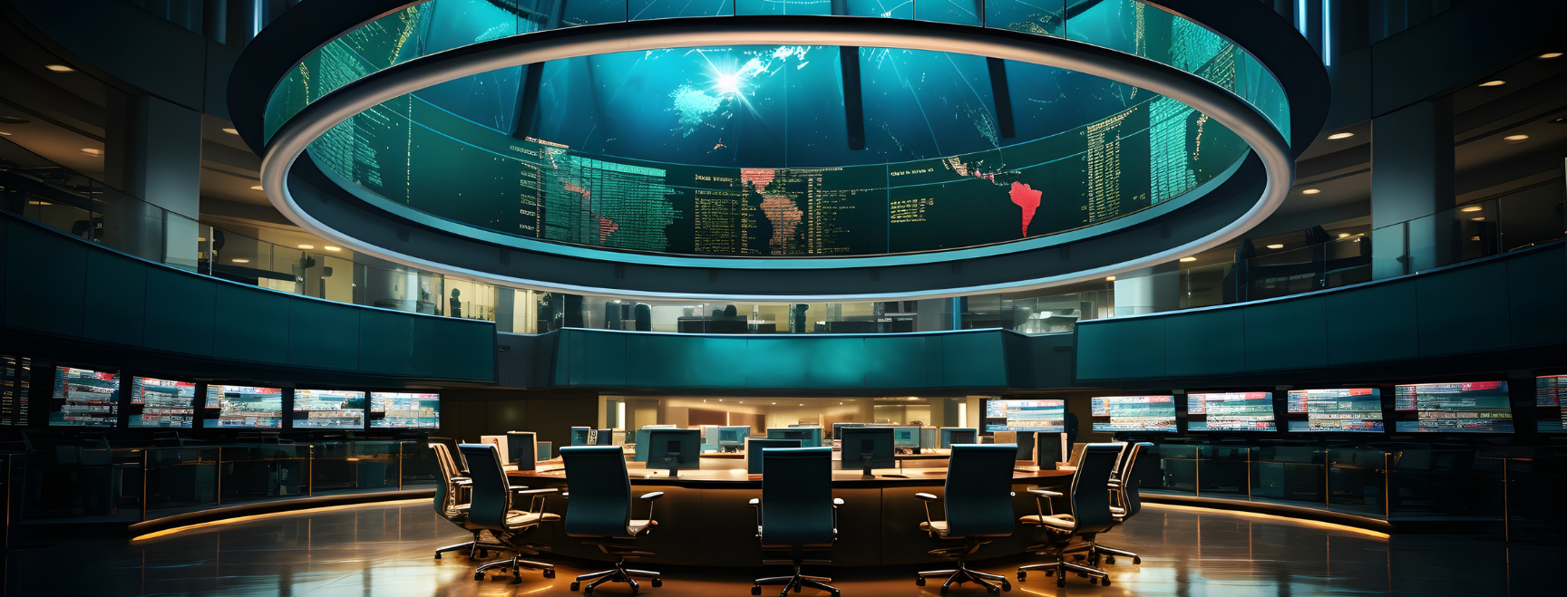 A large room with a circular glass ceiling, equipped with many computers,highlighting Purnartha's latest media updates.